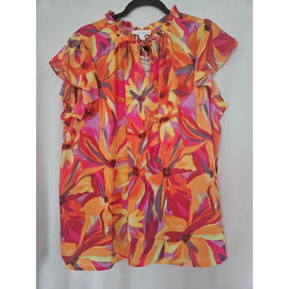 Cynthia Rowley Size 1X Floral Orange Red Top Blouse Lightweight Ruffle Tie Short - Picture 1 of 8